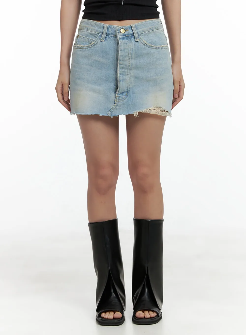 Washed Distressed Denim Mini Skirt CL417