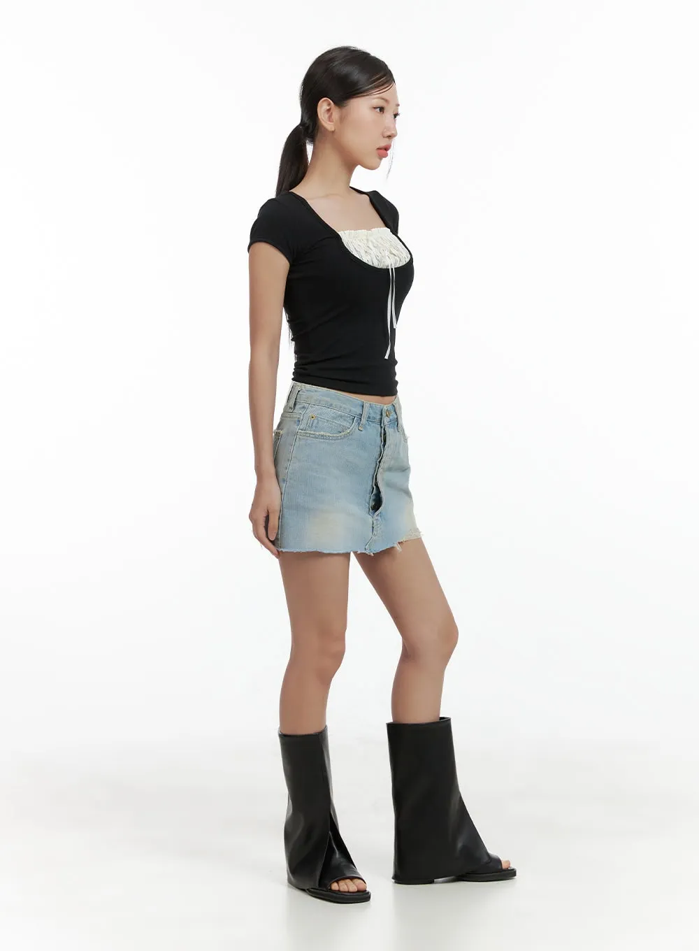 Washed Distressed Denim Mini Skirt CL417