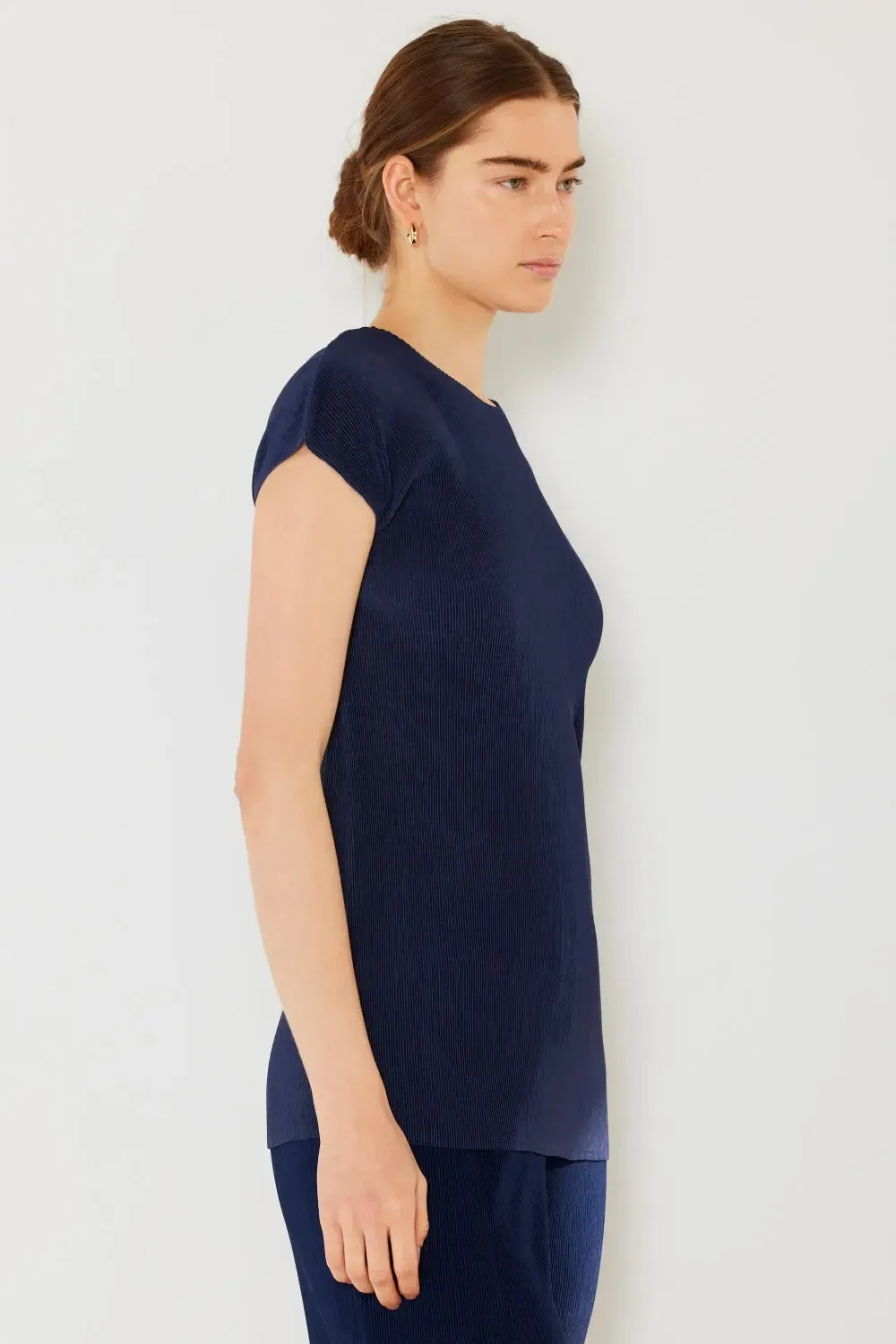women rib pleated cap sleeve top